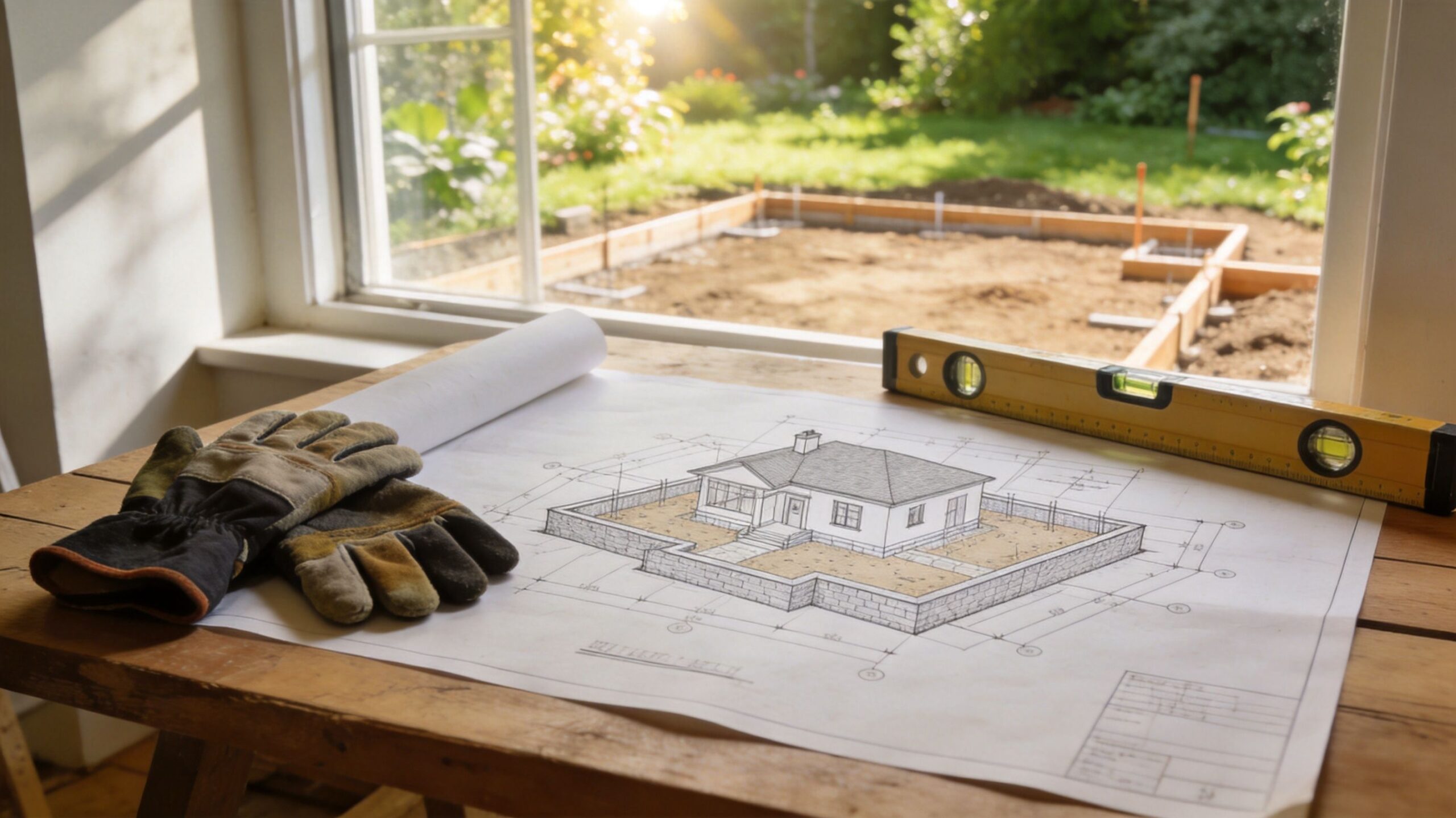 En tegning af et hus på et bord med arbejdshandsker og et vaterpas foran et byggeprojekt i haven.