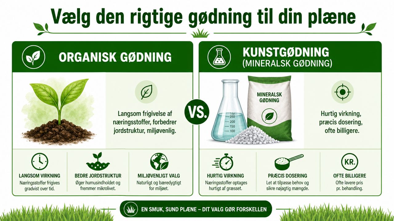Infografik der sammenligner fordele og egenskaber ved organisk gødning og kunstgødning til din græsplæne.