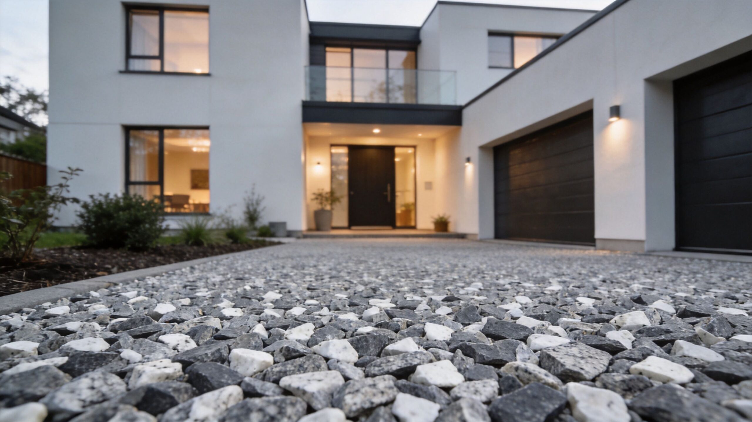 En moderne villa med en elegant indkørsel belagt med grå og hvide sten foran hoveddøren.