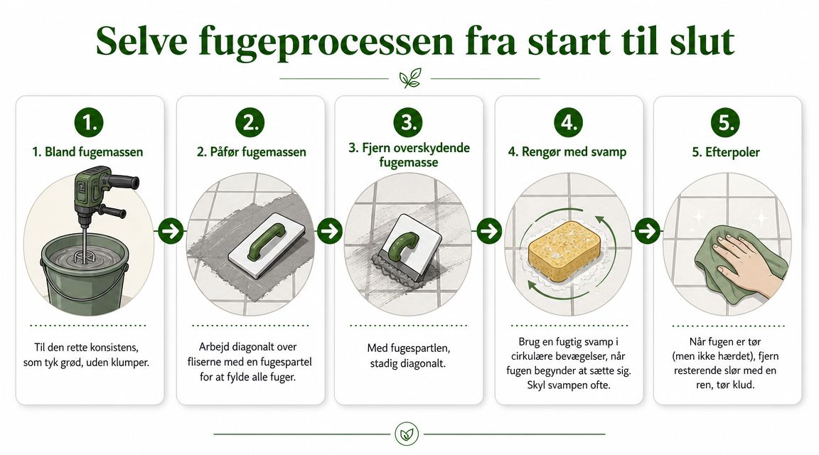 En trinvis guide til fugning af fliser, der viser blandingsprocessen, påføring og rengøring af flisefuger.