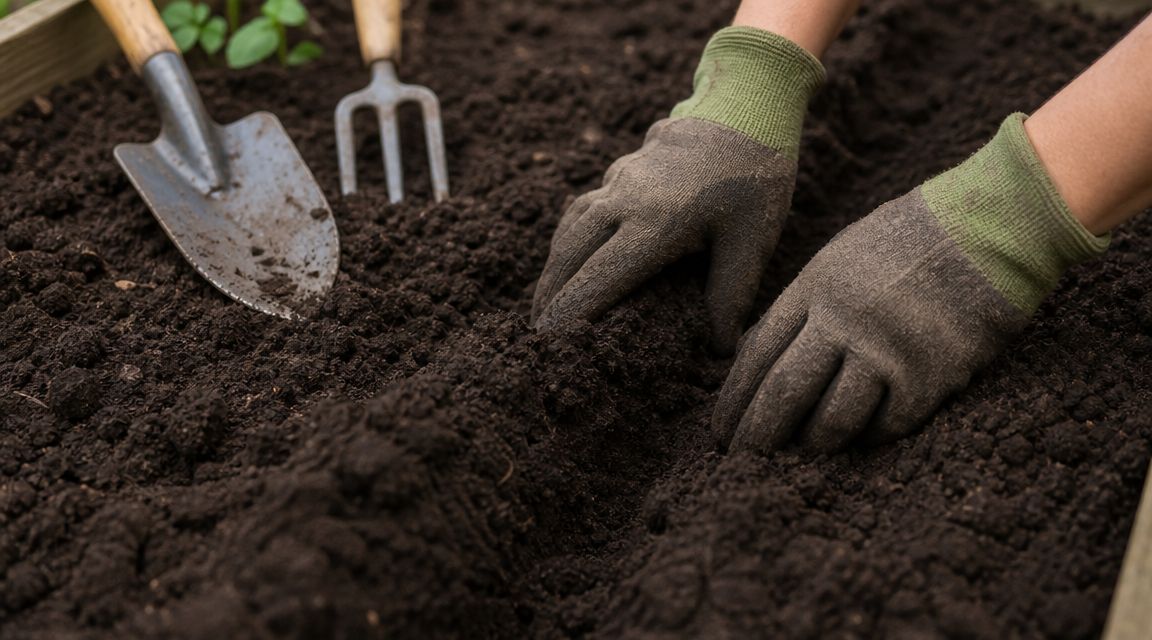 Hånd, der planter i jord med havehandsker og værktøj.