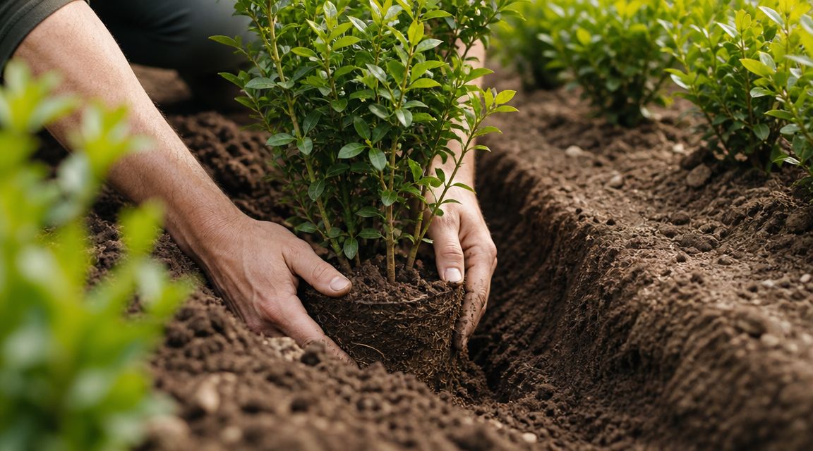 Plantning af busk i jord.