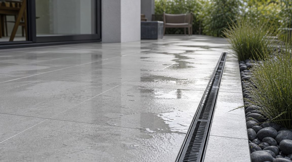 Udendørs terrasse med vandafløb og dekorative stenbed.
