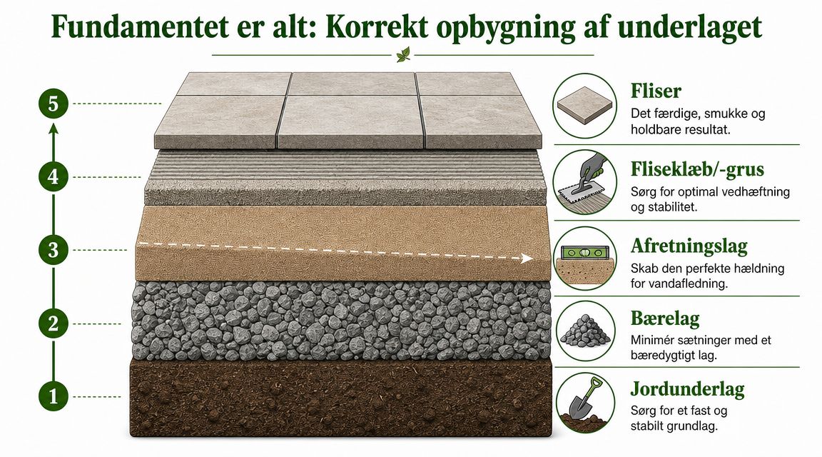 Diagram af korrekt opbygning af underlaget til belægning med lagbeskrivelser.