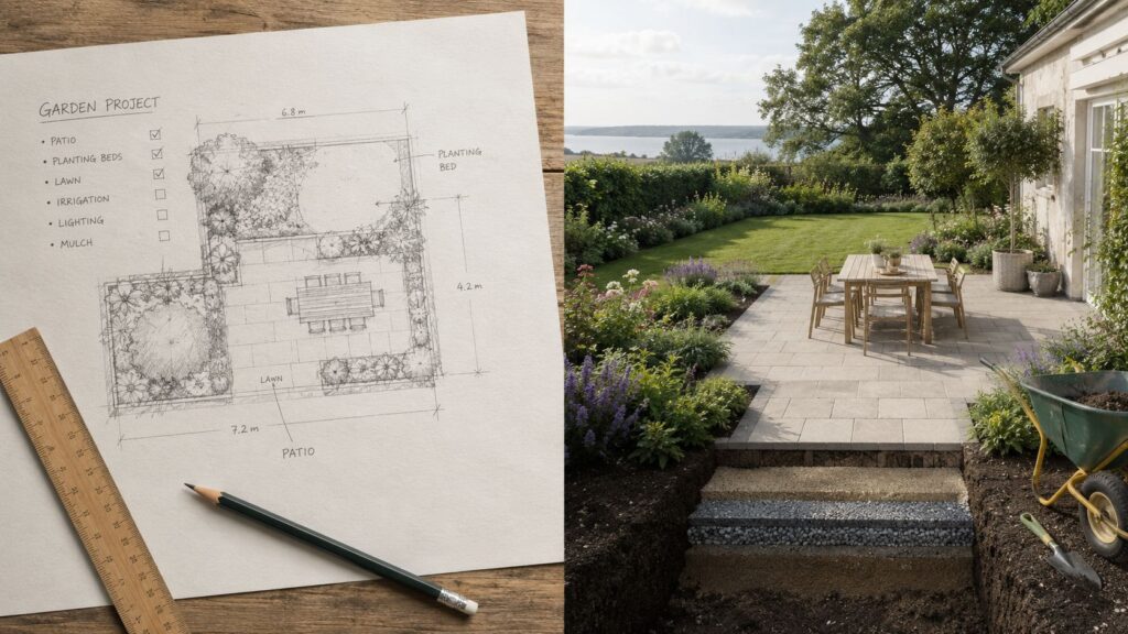 Udendørs terrasse og haveanlæg med planlægningstegning.