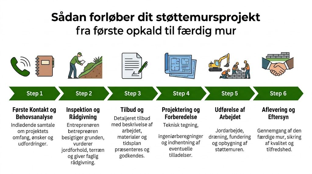 En infografik der viser de seks trin i processen for et støttemurprojekt fra kontakt til aflevering.