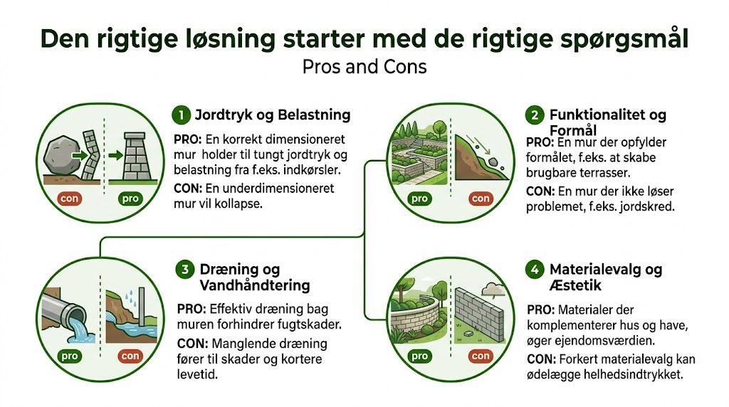 Infografik der viser fordele og ulemper ved forskellige overvejelser omkring opførelse af en holdbar støttemur i haven.