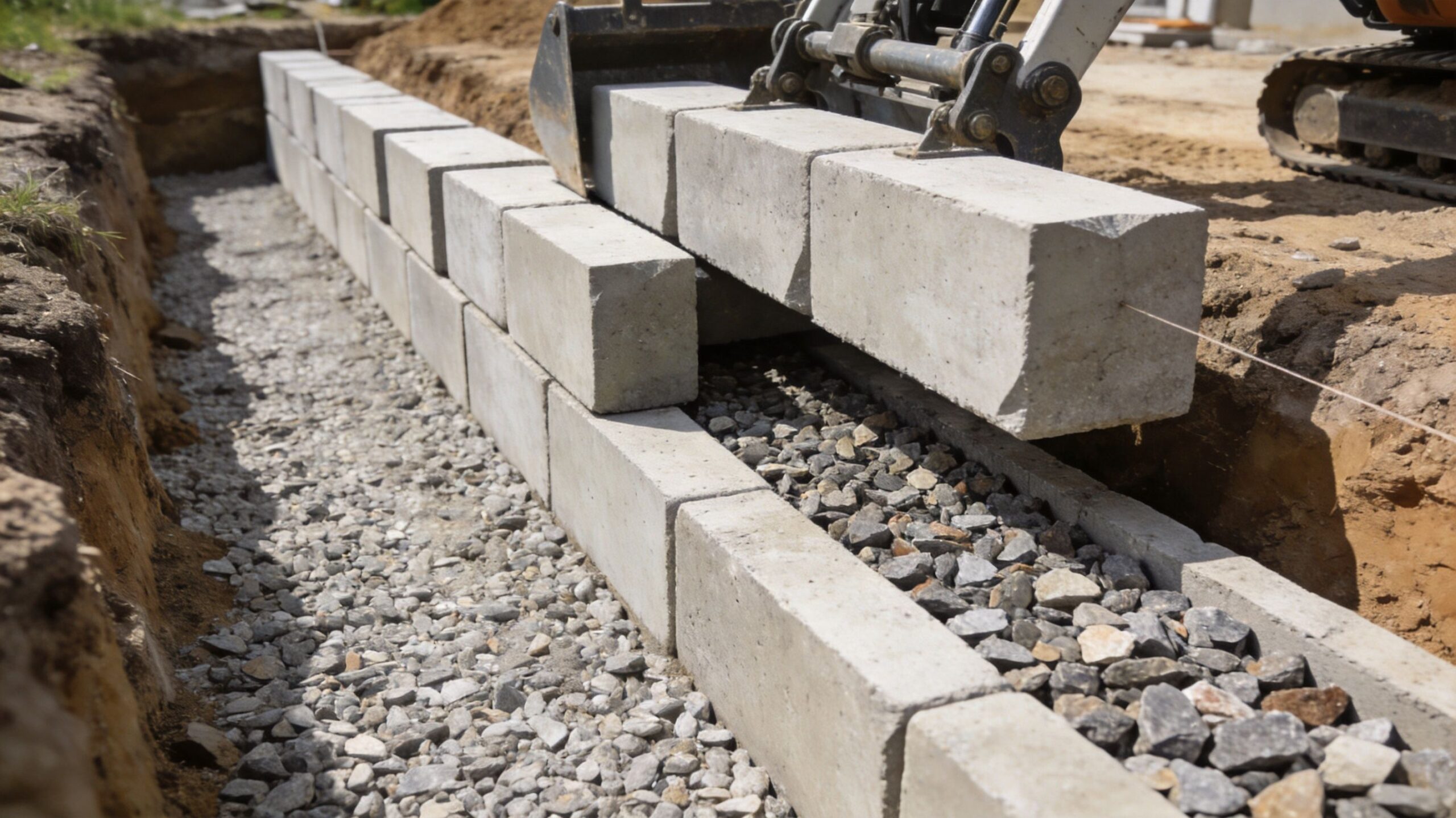 En gravemaskine placerer betonblokke til etablering af en ny støttemur på en skråning med grusunderlag.