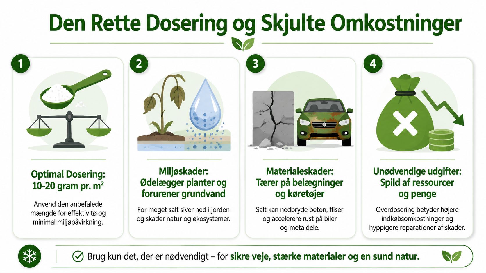Infografik der viser korrekt saltning af veje, miljøskader, materialeskader og økonomiske konsekvenser ved overdosering af vejsalt.