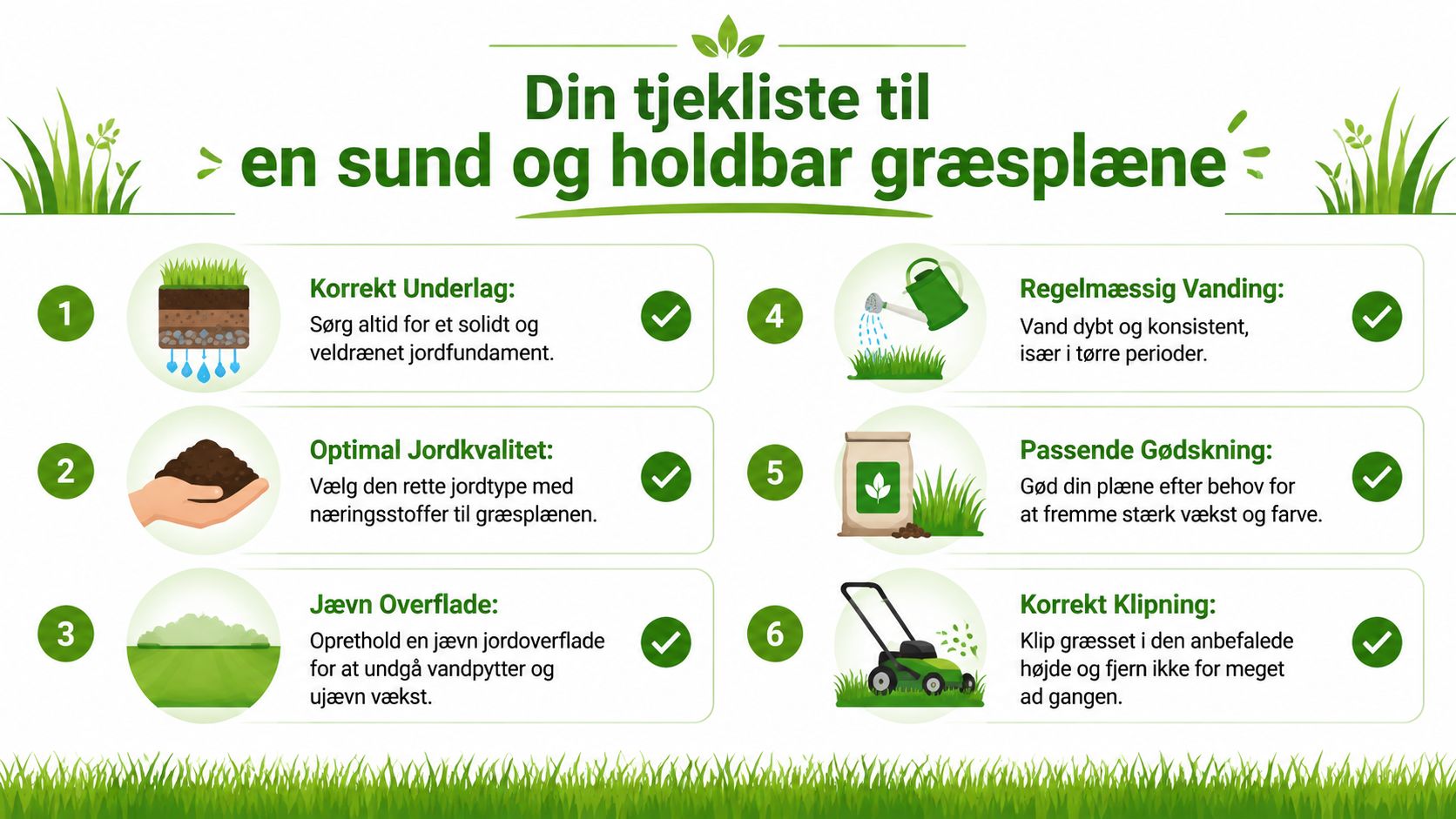 En tjekliste med seks trin til vedligeholdelse af en sund og holdbar græsplæne i haven.