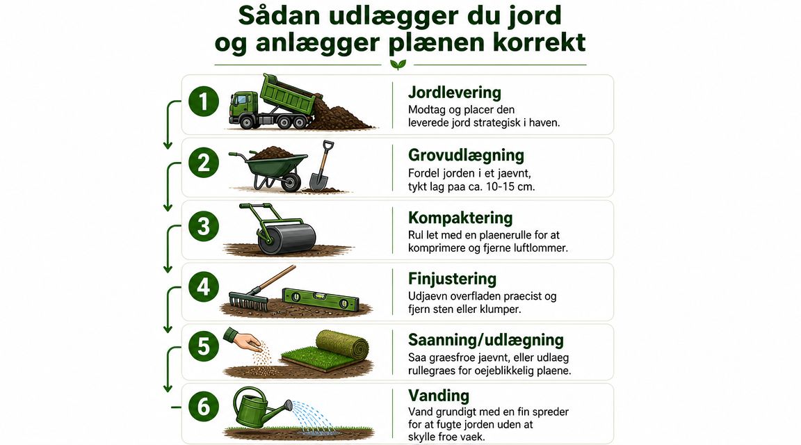 En infografik i seks trin, der forklarer hvordan man udlægger jord og anlægger en ny græsplæne korrekt.