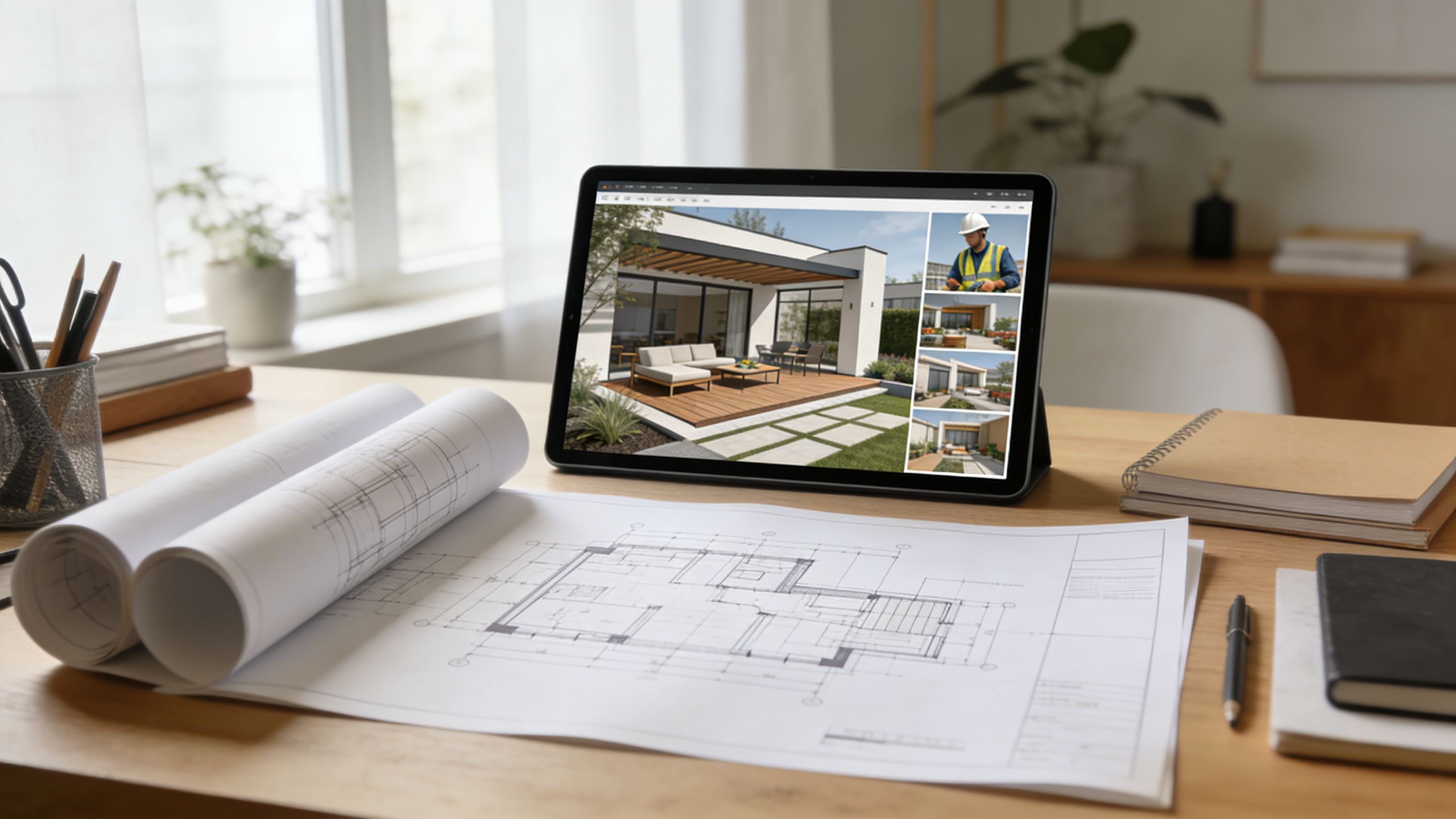 Et skrivebord med arkitekttegninger og en tablet, der viser et moderne design af en udendørs terrasse.