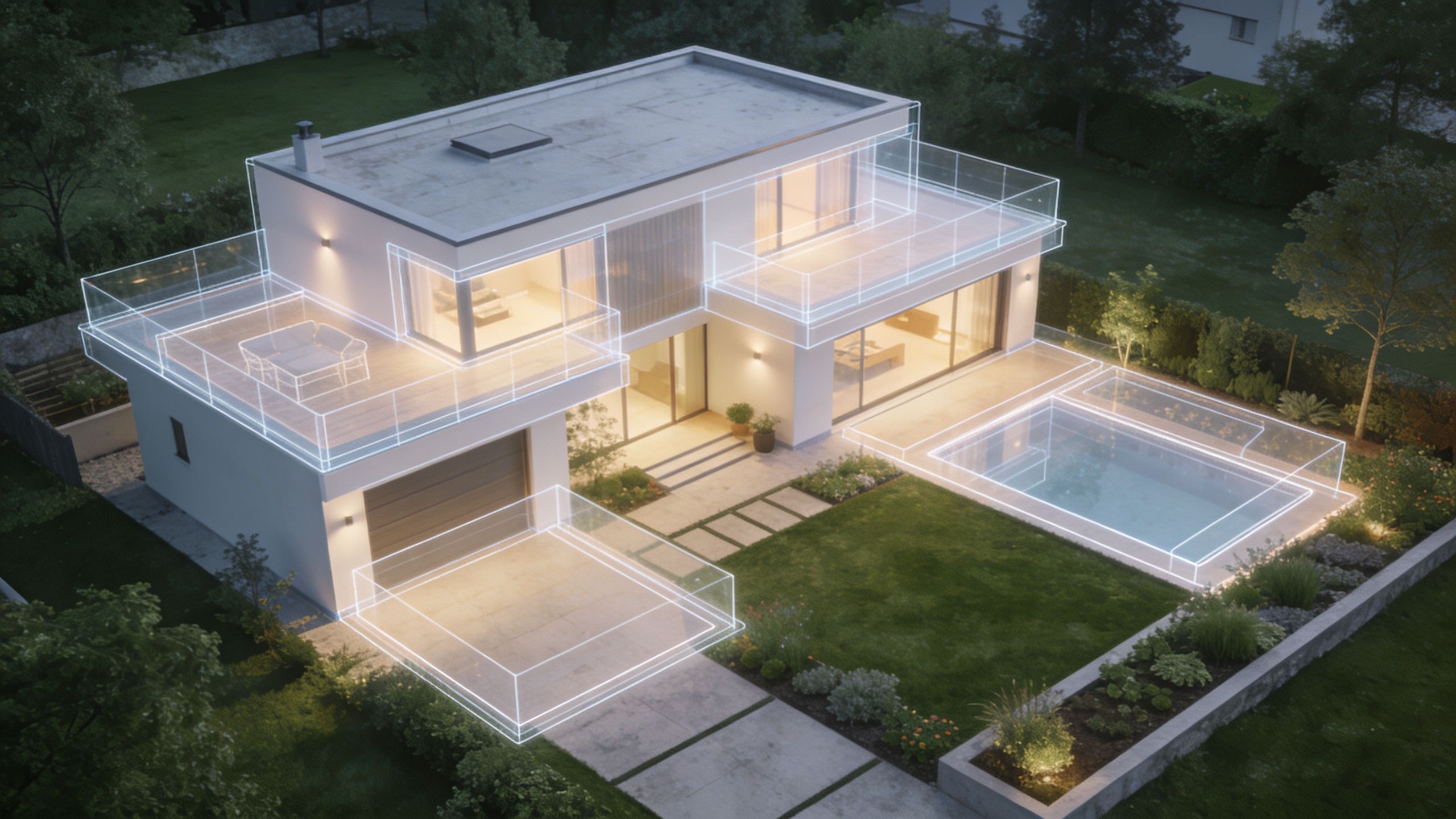 Moderne villa med terrasse design og oplyst poolområde vist med digitale 3D-skitselinjer i en have om aftenen.