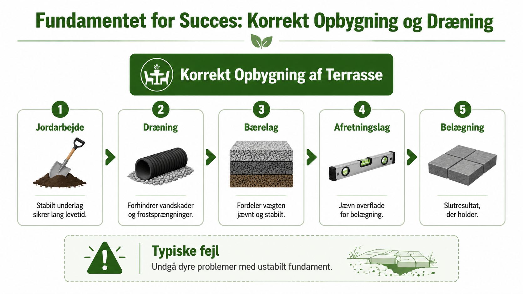En infografik der viser de fem trin til korrekt opbygning af en stabil og holdbar haveterrasse.