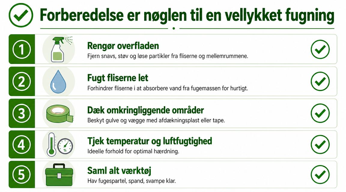 En infographic med fem trin til forberedelse af fliser før påføring af fugemasse for et vellykket resultat.