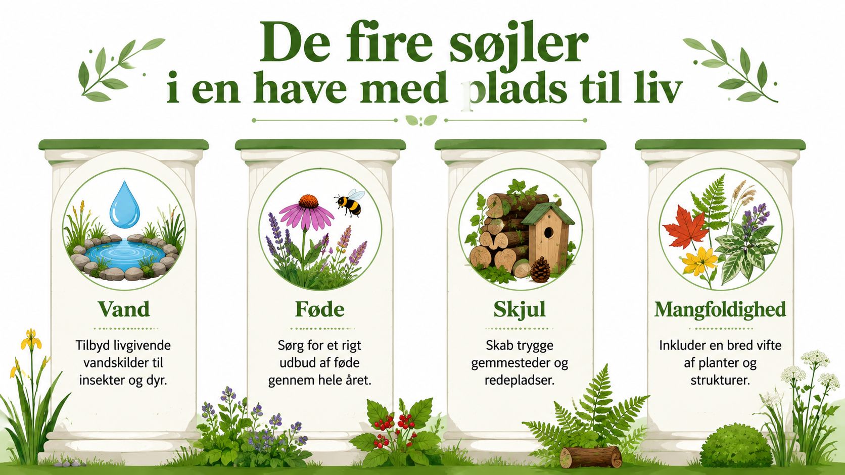En infografik der viser de fire søjler for biodiversitet i haven: vand, føde, skjul og mangfoldighed.