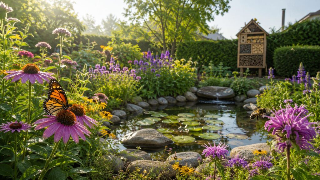 Smukt blomsterbed og dam i haven med farverige blomster og sten.