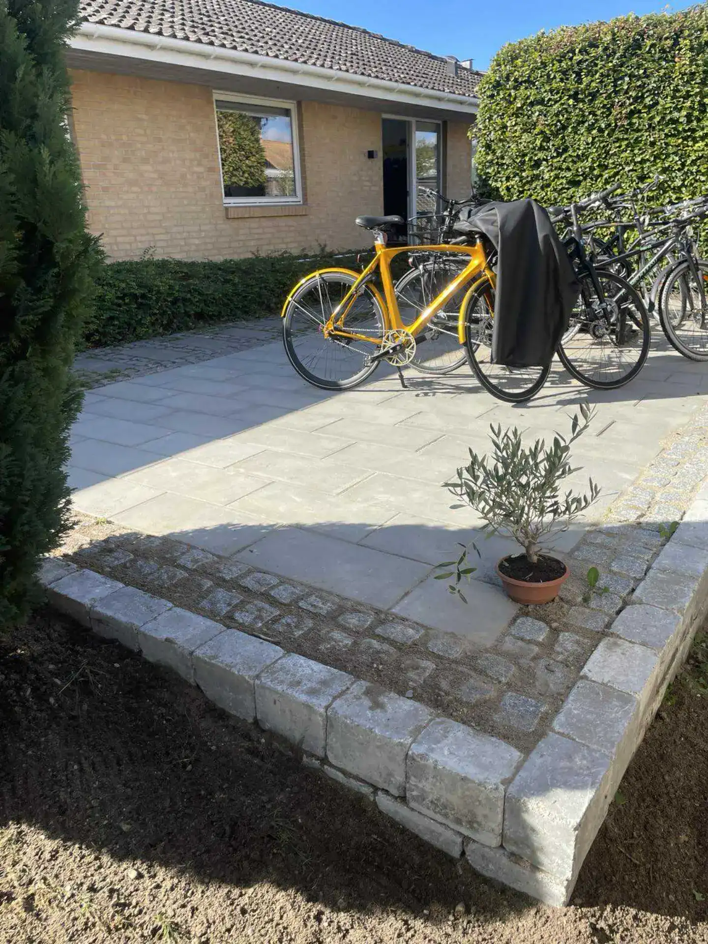 Cykler parkeret foran hus med have og hæk i baggrunden.