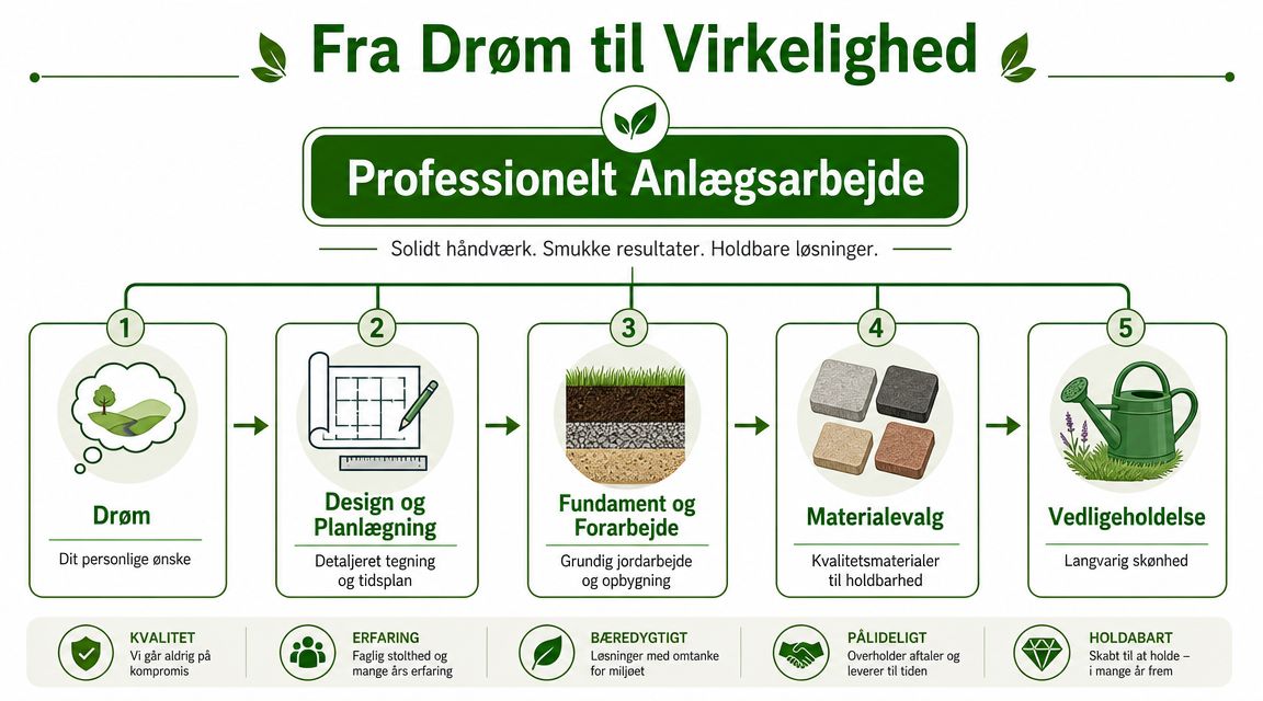 Illustration af arbejdsprocessen for professionelt anlægsarbejde, fra første drøm og design til færdig have og vedligeholdelse.