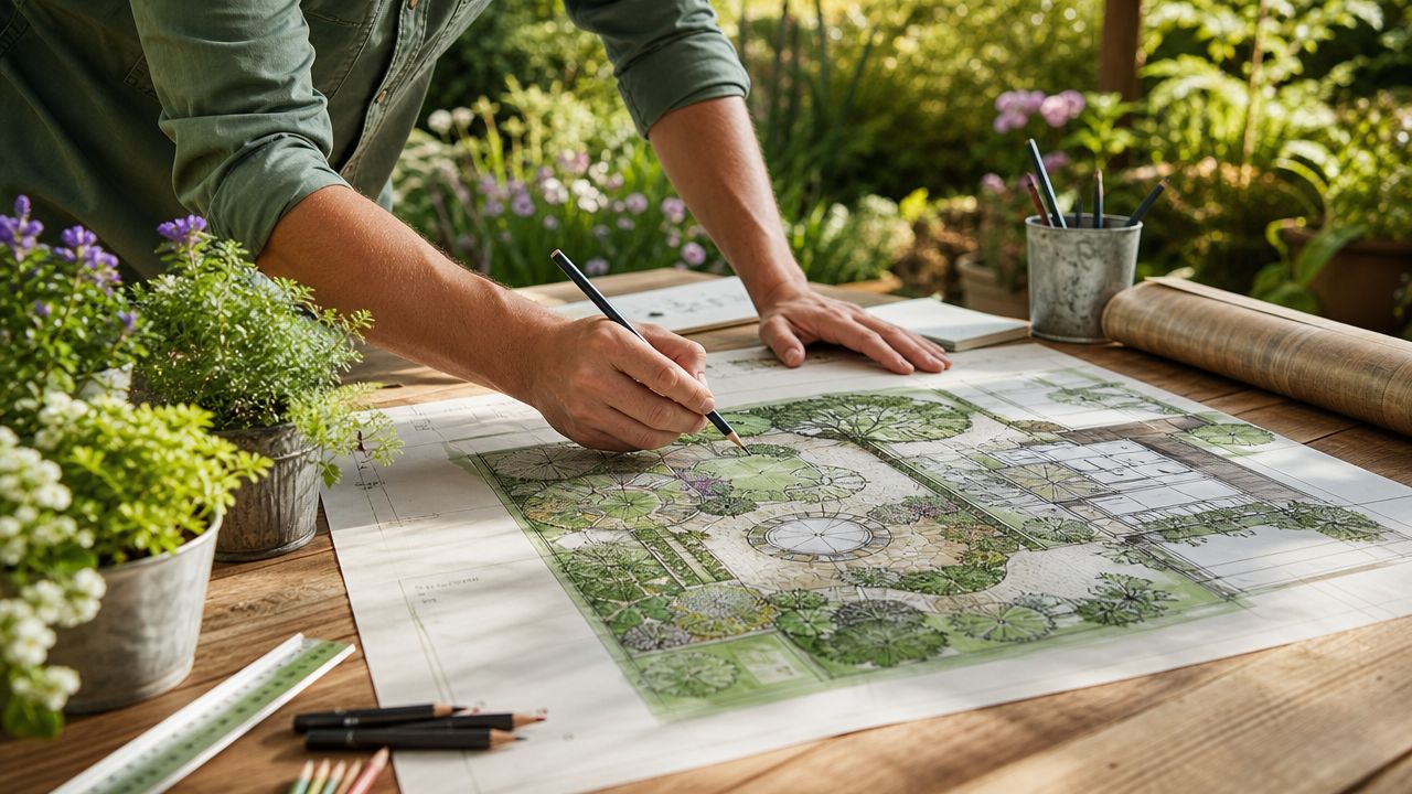 En landskabsarkitekt arbejder ved et træbord på en detaljeret haveplan med blyant og planter i baggrunden.