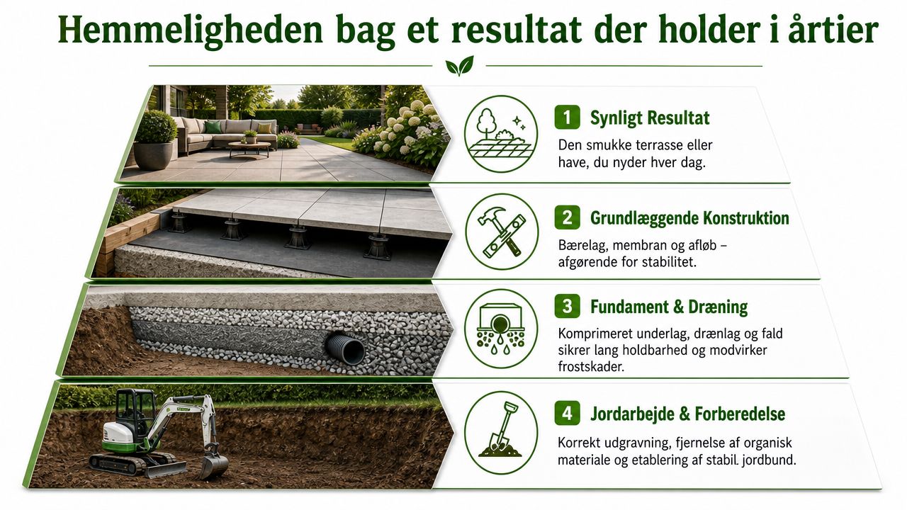 En grafisk illustration af de fire lag i et holdbart havebyggeri, fra fundament til færdig terrasse.