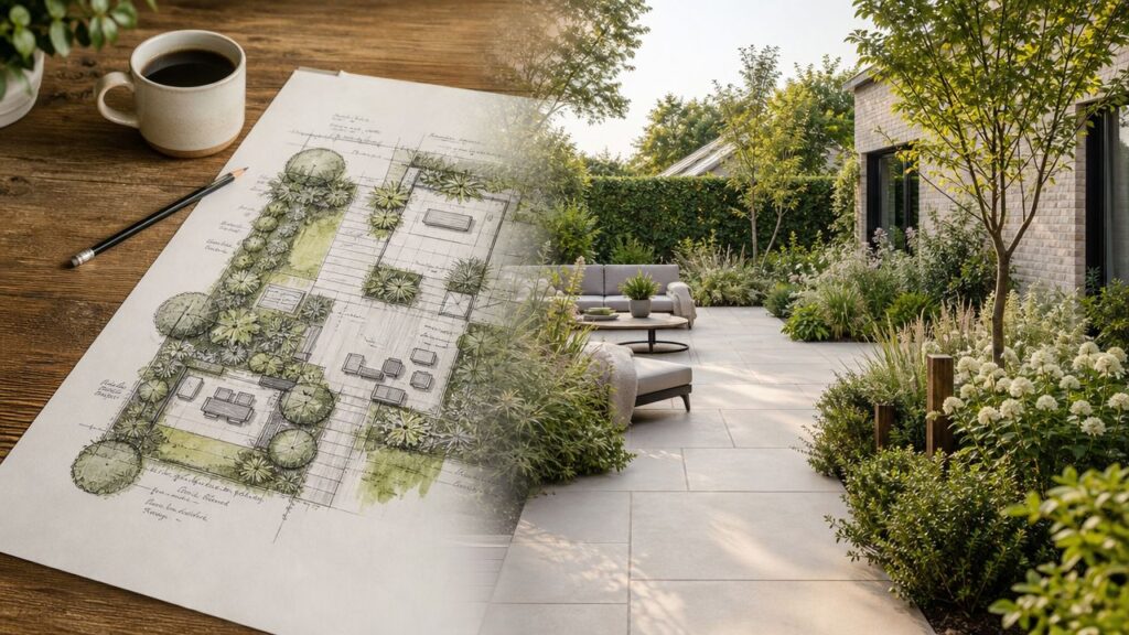 Moderne haveplan med planter, stier og udendørs siddepladser.