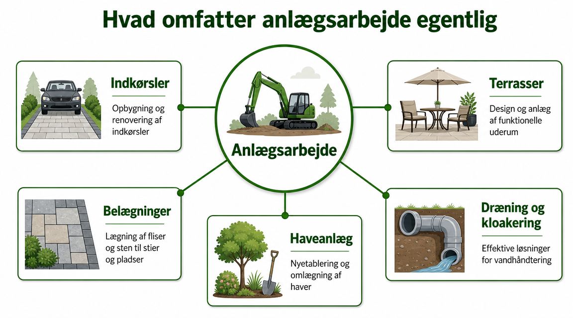 En infografik der illustrerer hvad anlægsarbejde omfatter, herunder indkørsler, terrasser, belægninger, haveanlæg og dræning.