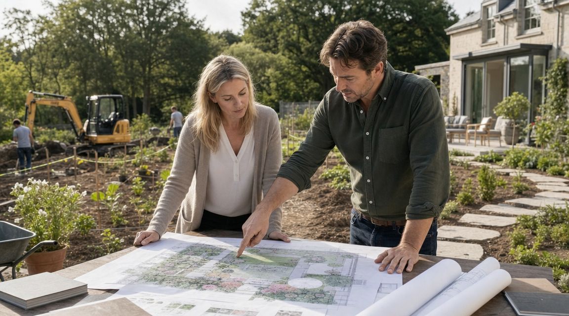 Et par gennemgår havearkitekttegninger foran deres hus under en professionel anlægsgartner proces i haven.