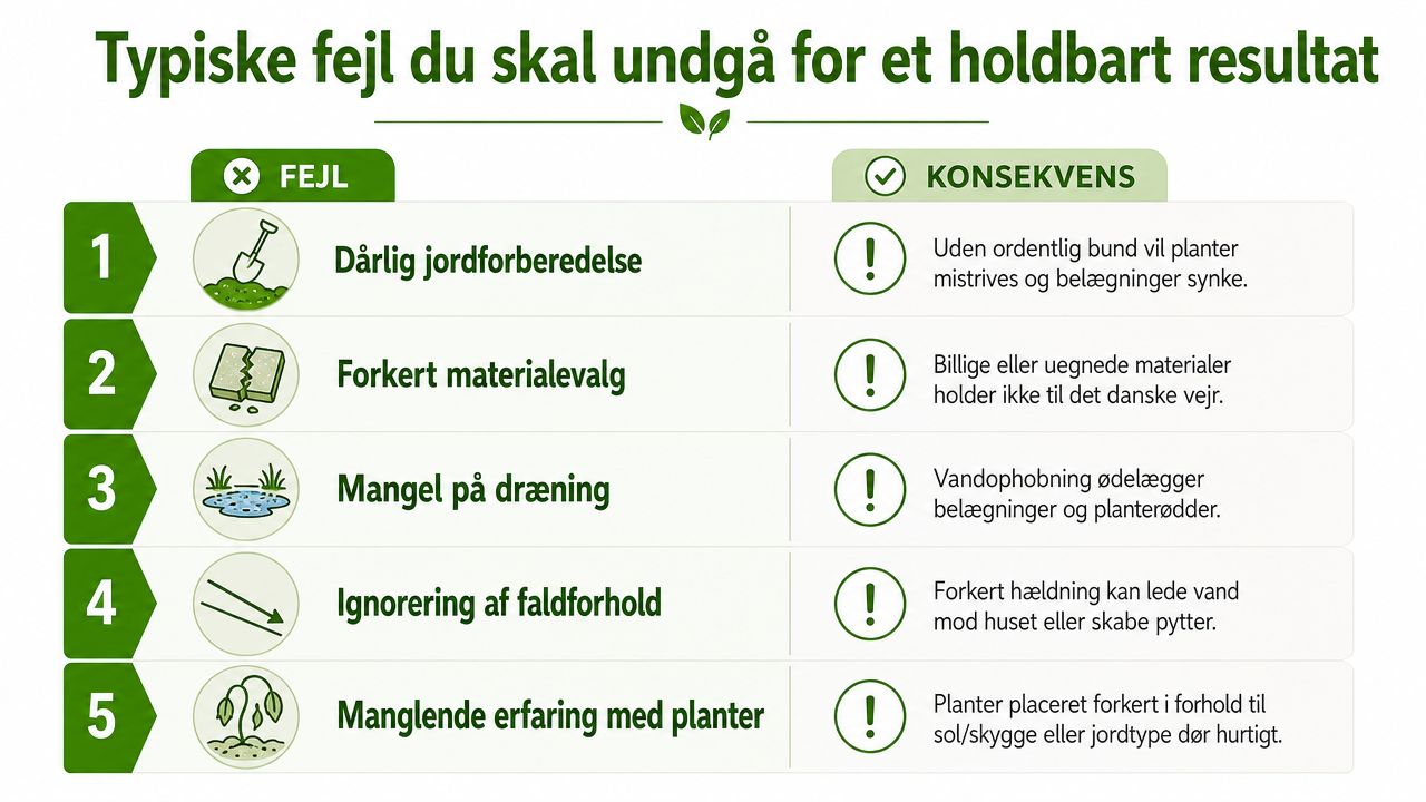 En infografik der viser fem typiske fejl ved havearbejde og deres negative konsekvenser for holdbare resultater.