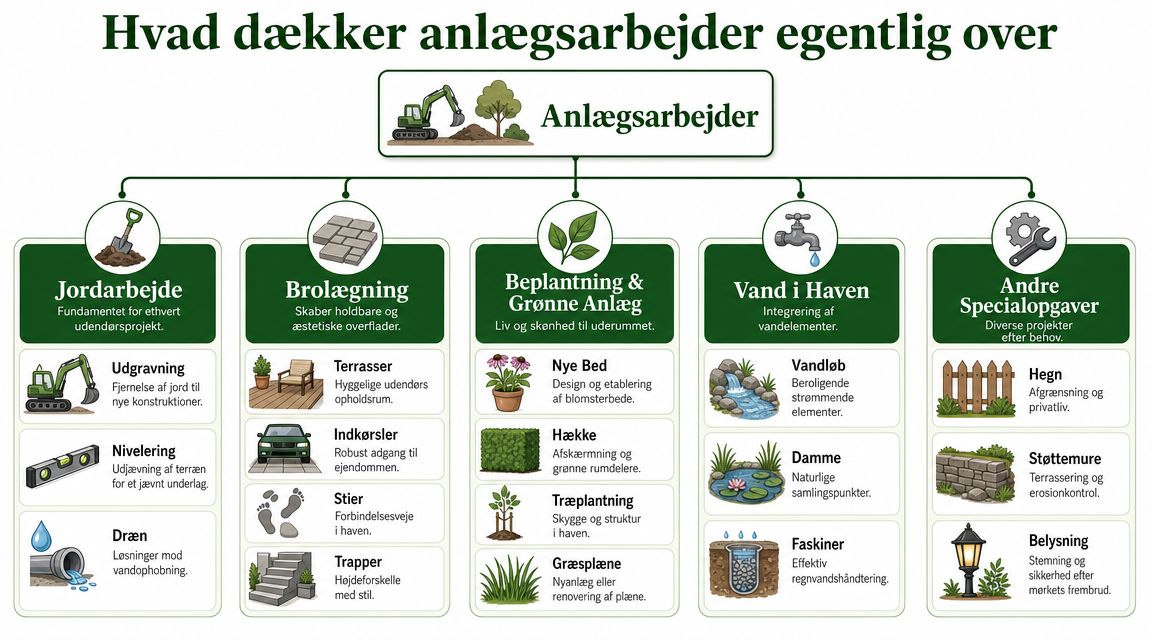 En infografik der viser forskellige typer af anlægsarbejder i haven, herunder jordarbejde, brolægning, beplantning og specialopgaver.