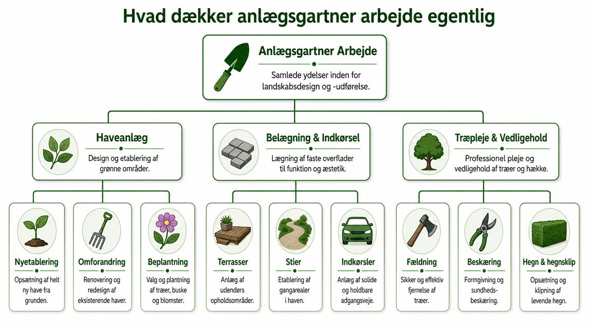 En infografik der viser de forskellige arbejdsopgaver en anlægsgartner udfører inden for haveanlæg, belægning og træpleje.