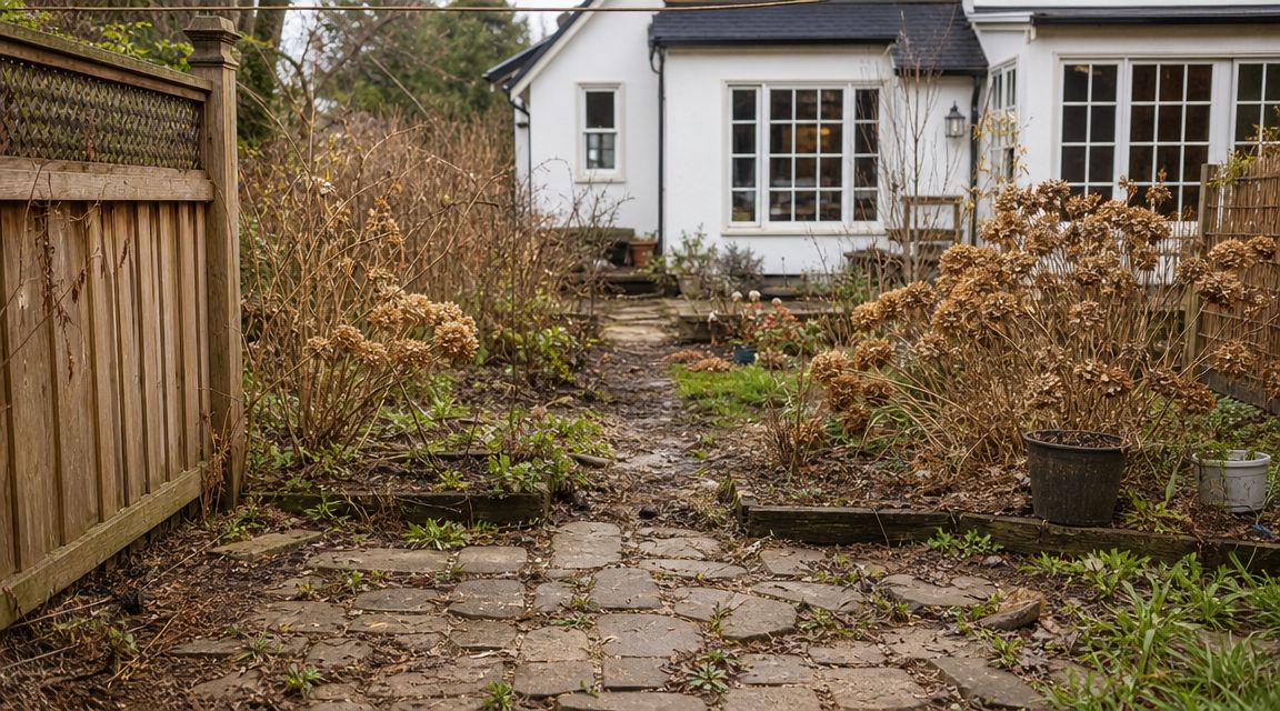 En forsømt havegang med stenfliser og tørre planter foran et hvidt hus i en baghave.