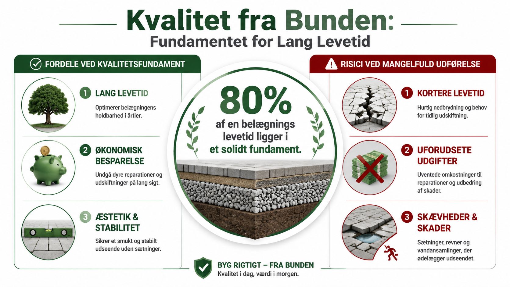 En infografik der illustrerer vigtigheden af et solidt fundament for lang holdbarhed ved flisebelægning og anlægsarbejde.