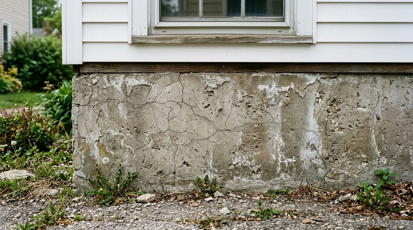 Fundament med skadet beton og tegn på forfald.