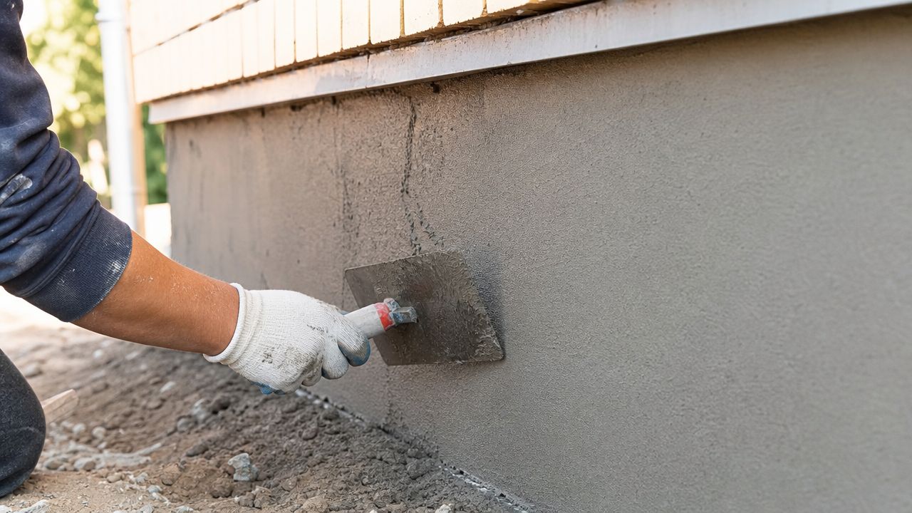 Murer arbejder på husfacade med murske, tætning og forberedelse til maling.
