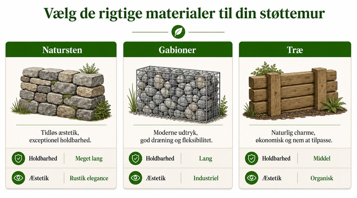 En infografik der viser de tre bedste materialer til at bygge en støttemur: natursten, gabioner og træ.