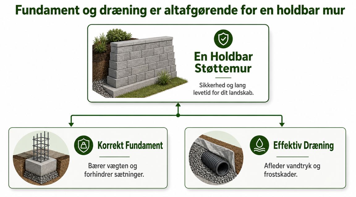 Illustration af vigtigheden af korrekt fundament og dræning for at sikre en holdbar og stabil støttemur i haven.