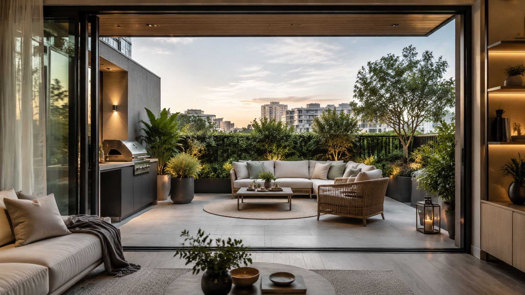 En elegant terrasse med moderne møbler, udendørs køkken og frodig beplantning i en luksuriøs penthouse-lejlighed.