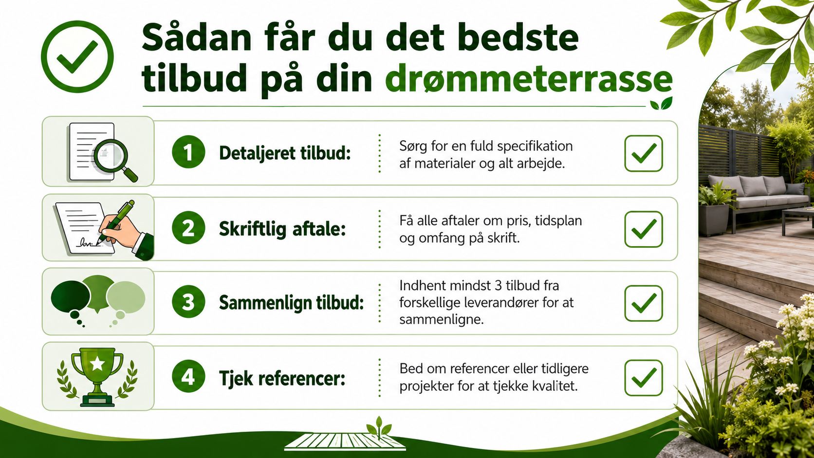 En guide til fire vigtige trin for at få det bedste tilbud på din drømmeterrasse.