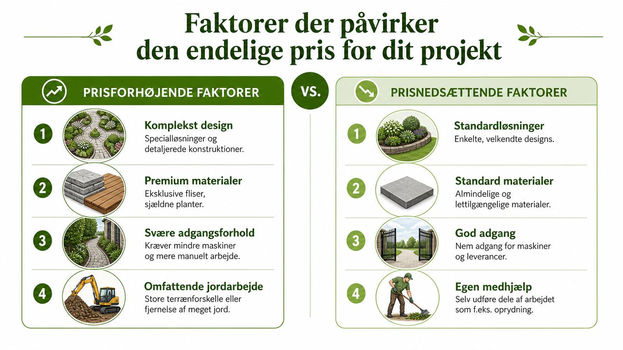 Infografik der viser faktorer, der påvirker den endelige pris for et anlægsgartnerprojekt, opdelt i prisforhøjende og prisnedsættende.