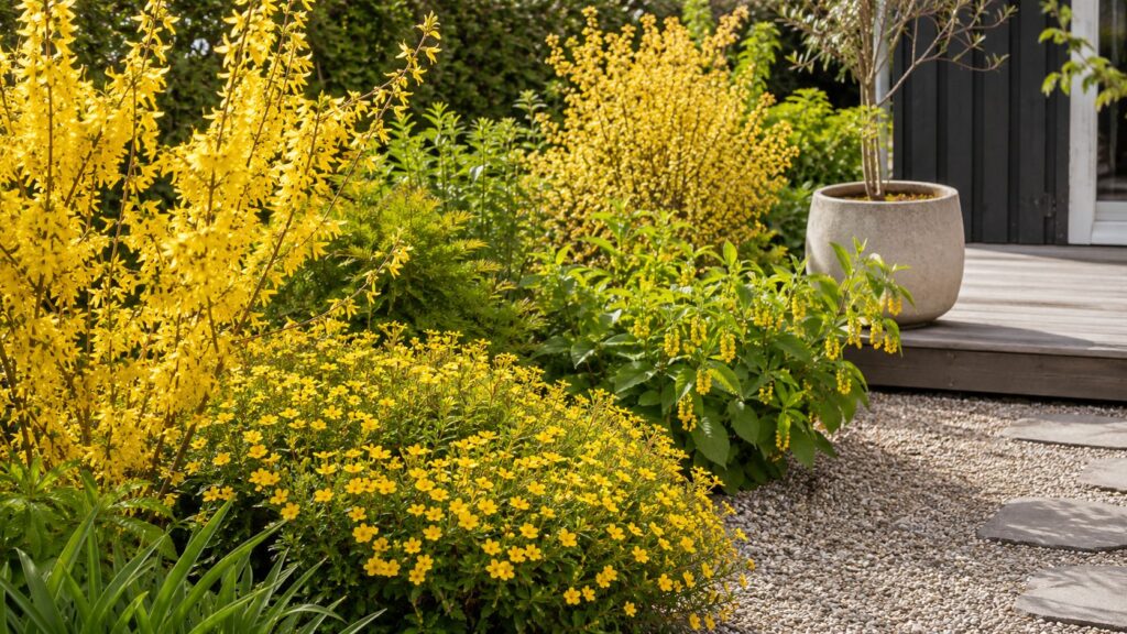 Have med grønne planter og gule blomster foran en terrasse.