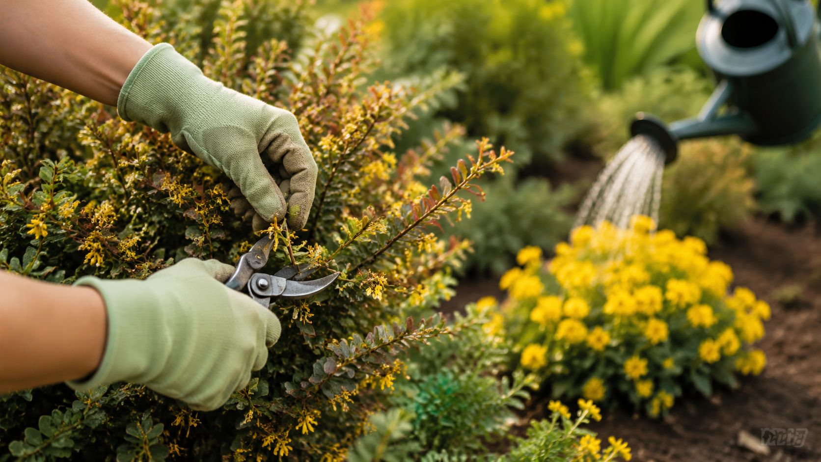 En person i grønne havehandsker beskærer en busk med gule blomster, mens en anden vander planterne i baggrunden.