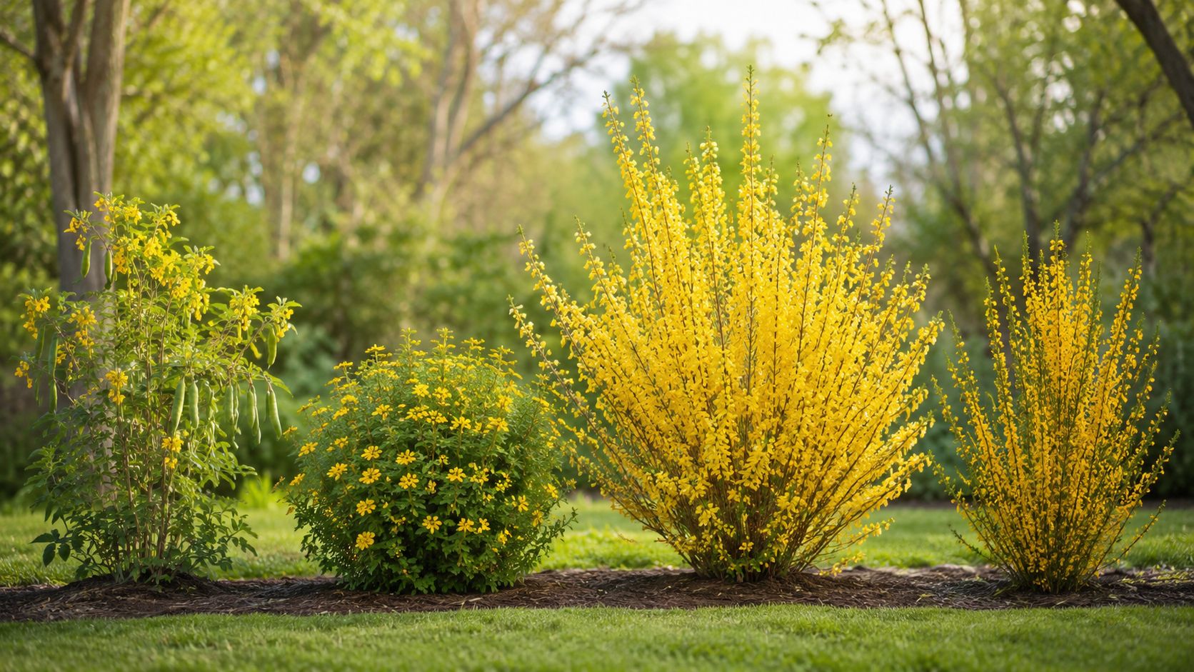 Fire forskellige buske med strålende gule blomster plantet i en velplejet have i forårssolen
