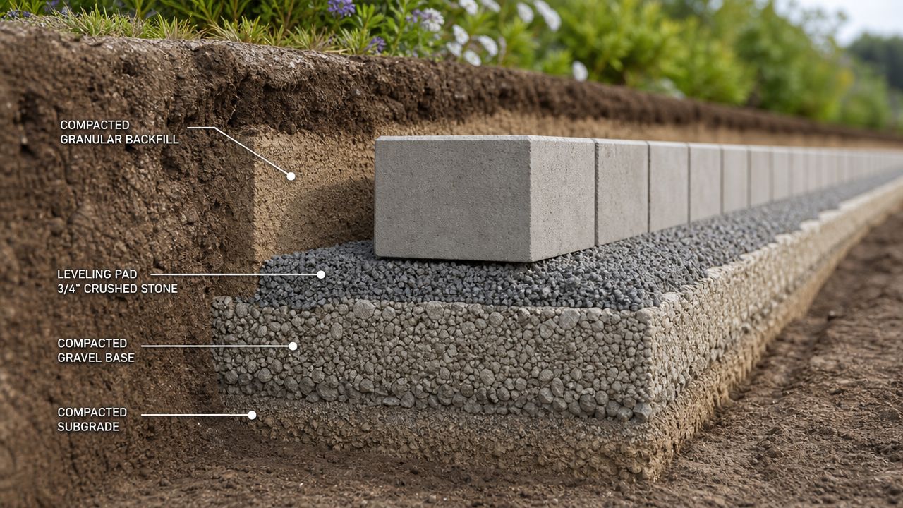 En tværsnitvisning af opbygningen af en støttemur med betonblokke, lag af grus og komprimeret underlag.