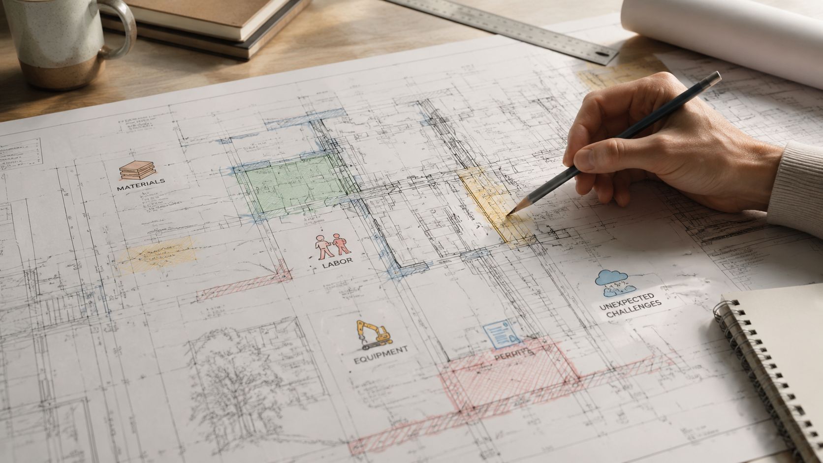 En hånd tegner på et arkitekttegnet blueprint med fokus på planlægning af forskellige entreprenøropgaver og byggeprojekter.