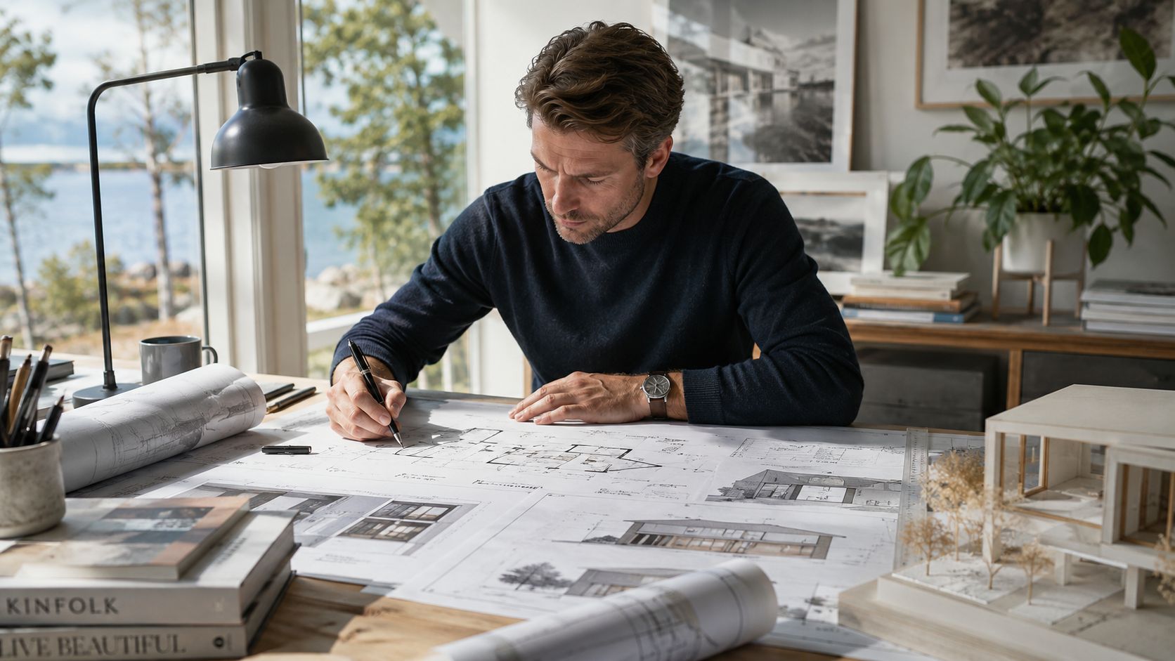 En mandlig arkitekt sidder ved sit skrivebord og arbejder fokuseret på arkitekttegninger i et lyst kontor.