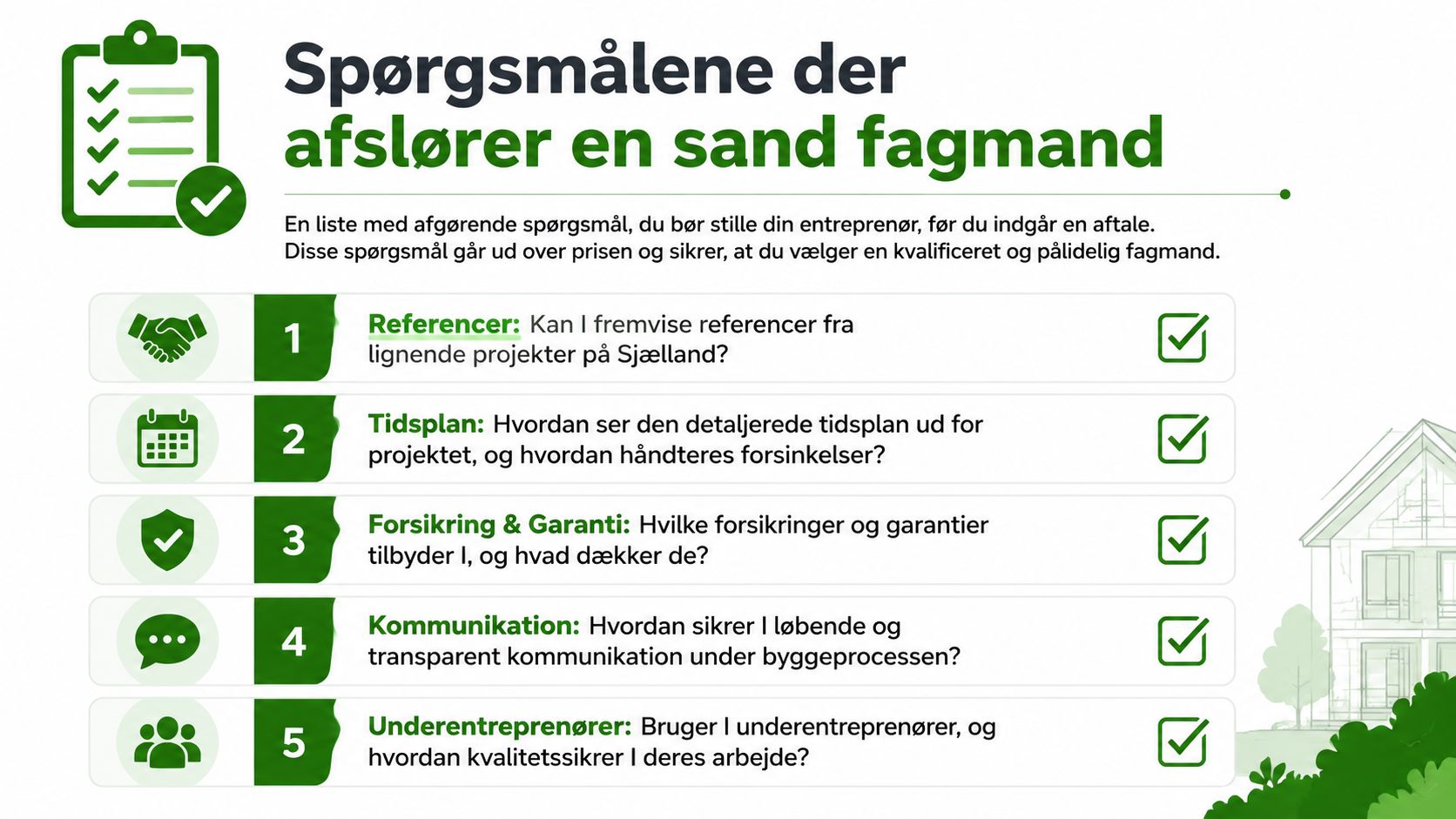 En infografik med fem spørgsmål man bør stille en entreprenør før man indgår en aftale.