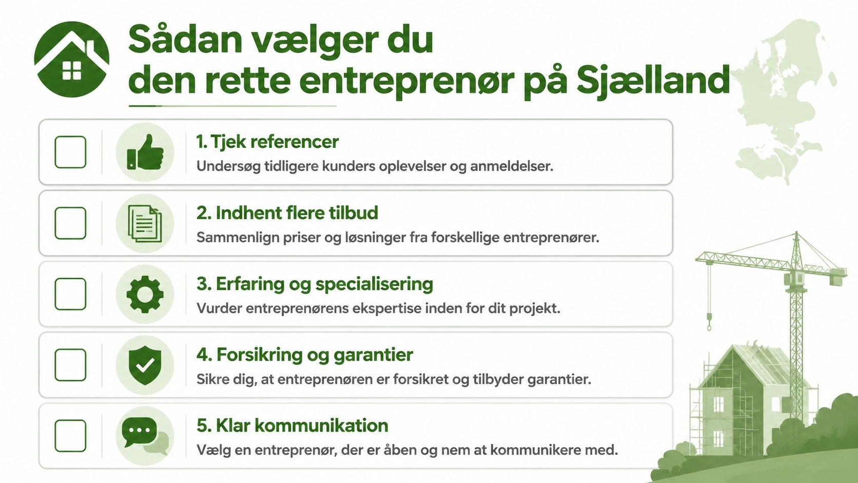En infografik med fem gode råd til at vælge den rette entreprenør til byggeprojekter på Sjælland.