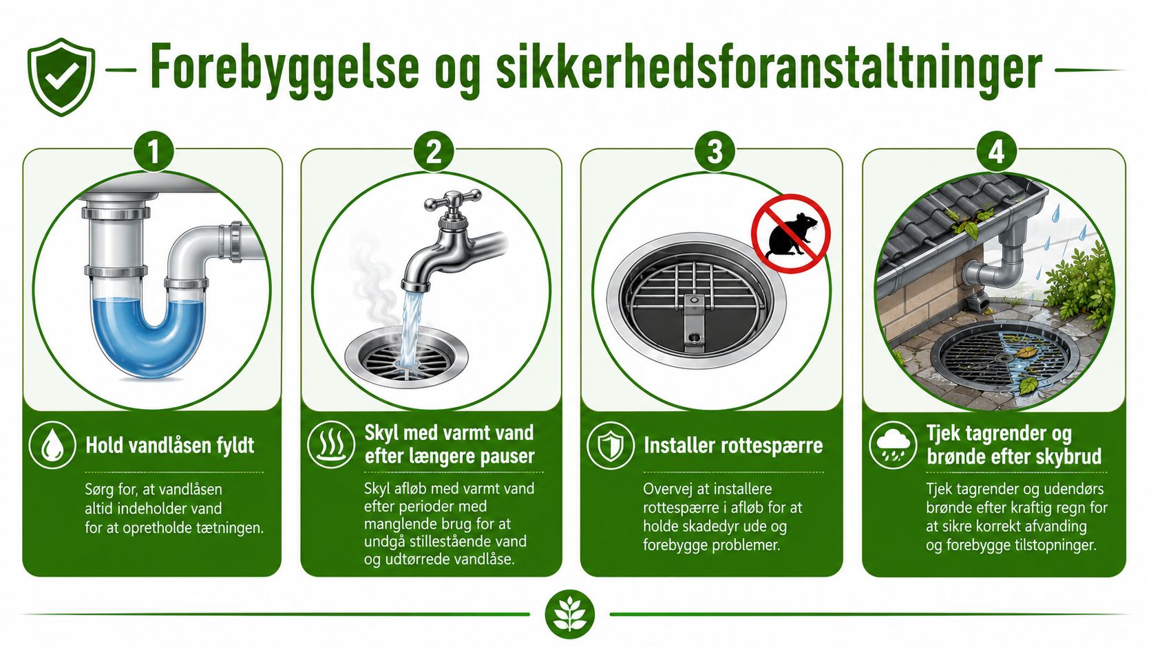 En infographic med fire trin til forebyggelse og sikkerhedsforanstaltninger for husets afløbssystemer mod lugt og skadedyr.
