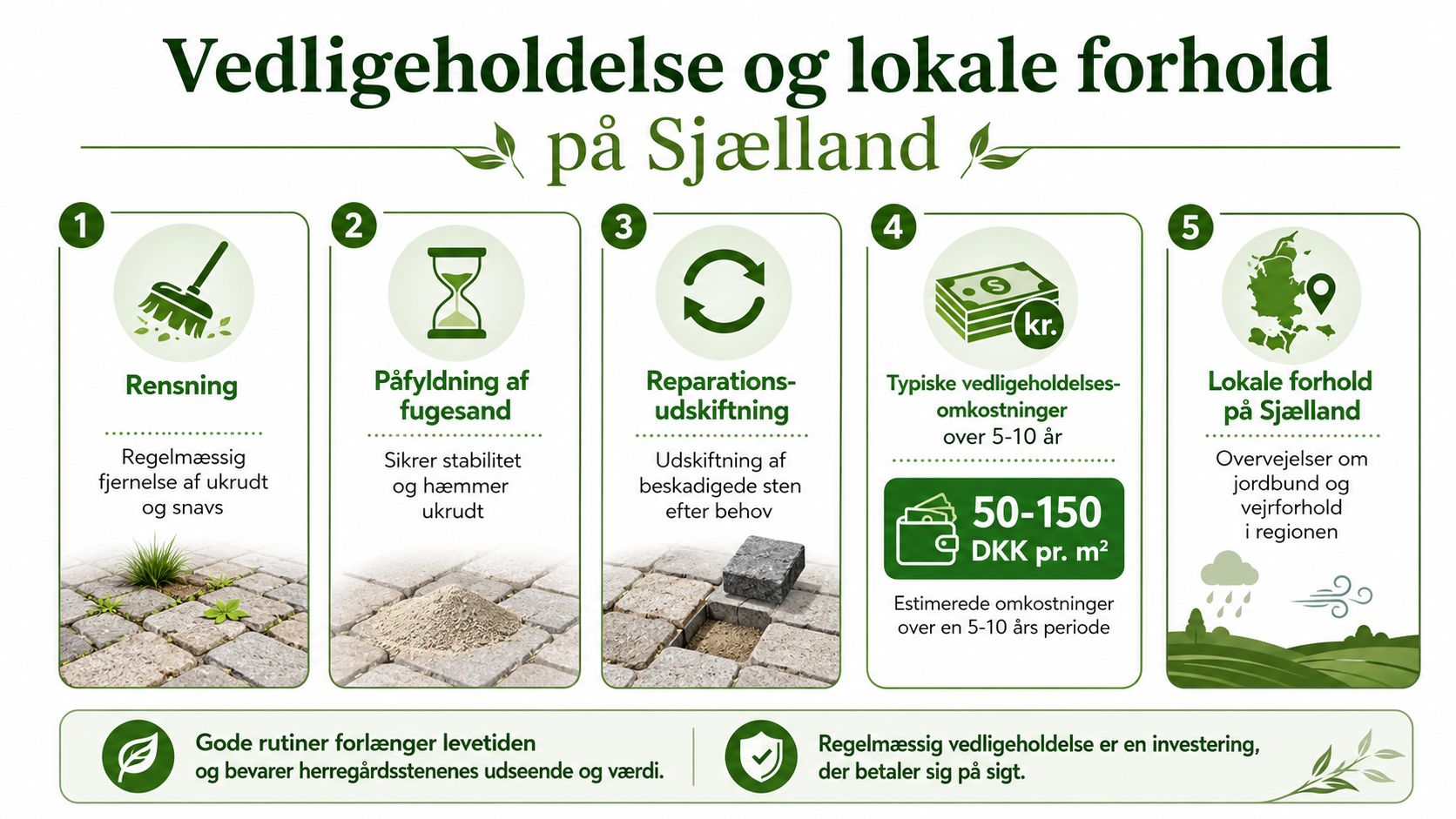 En guide til vedligeholdelse af herregårdssten med tips om rensning, fugesand og lokale forhold på Sjælland.